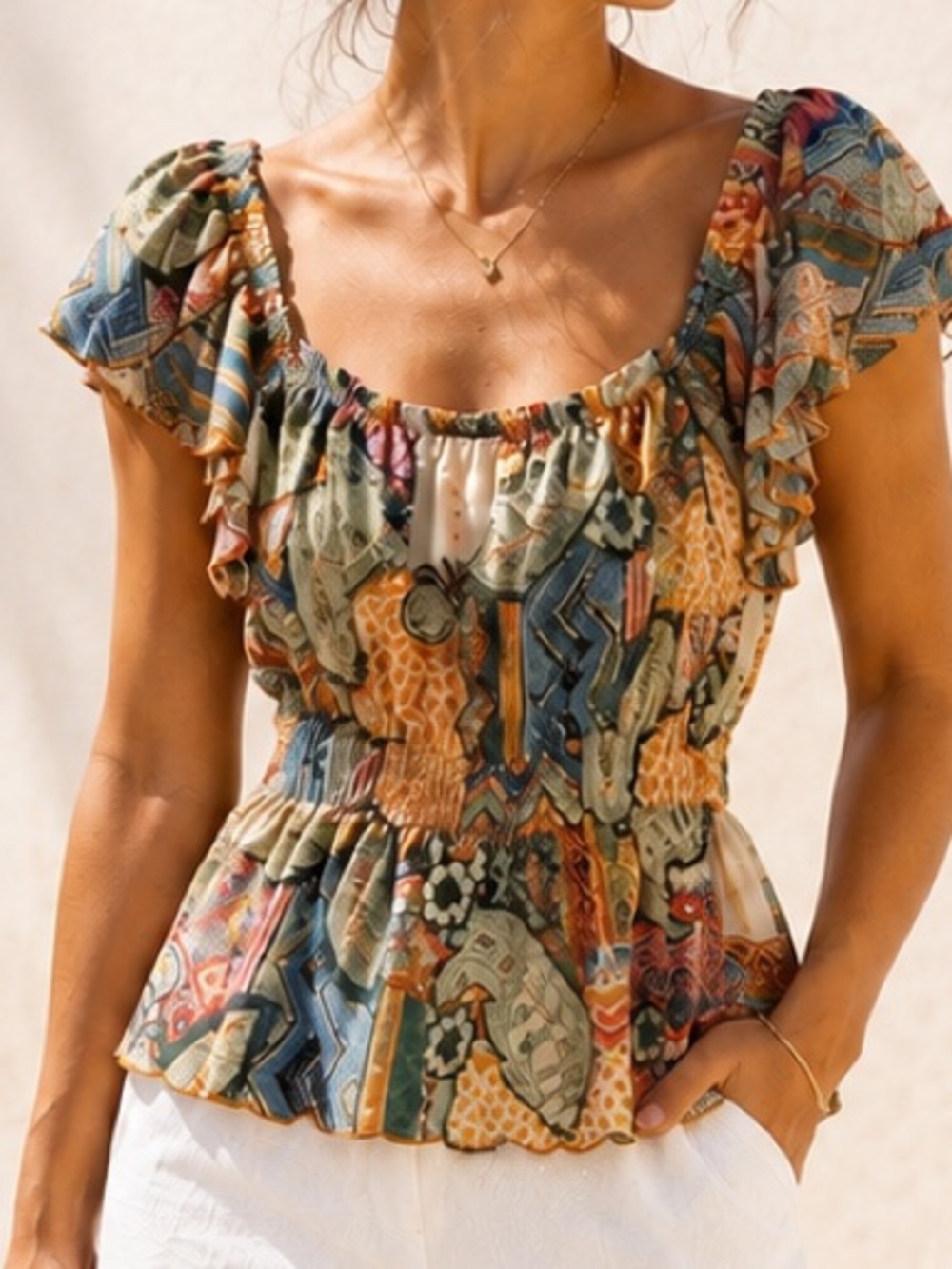 Fate Boho Patchwork Print Babydoll Top Size Medium